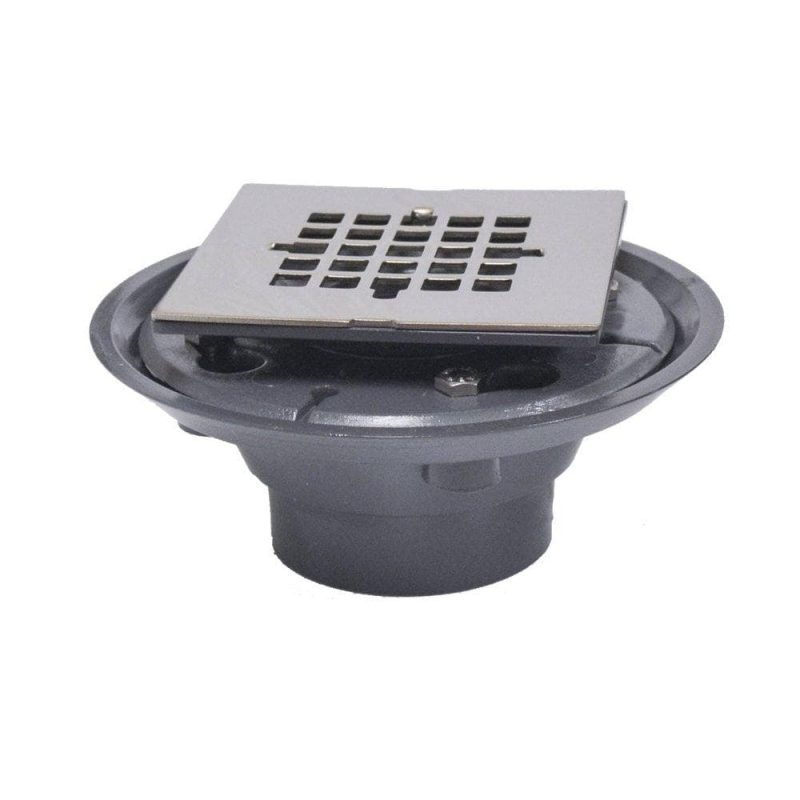 Brushed Nickel 2" x 3" Shower Drain with 2" Spud and 4-1/4" Square Snap-In Strainer