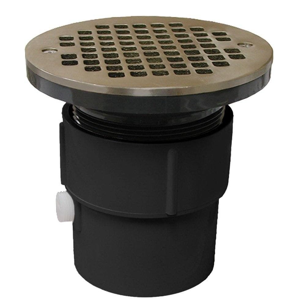 3" x 4" PVC Pipe Fit Drain Base with 3-1/2" Plastic Spud and 6" Nickel Bronze Strainer
