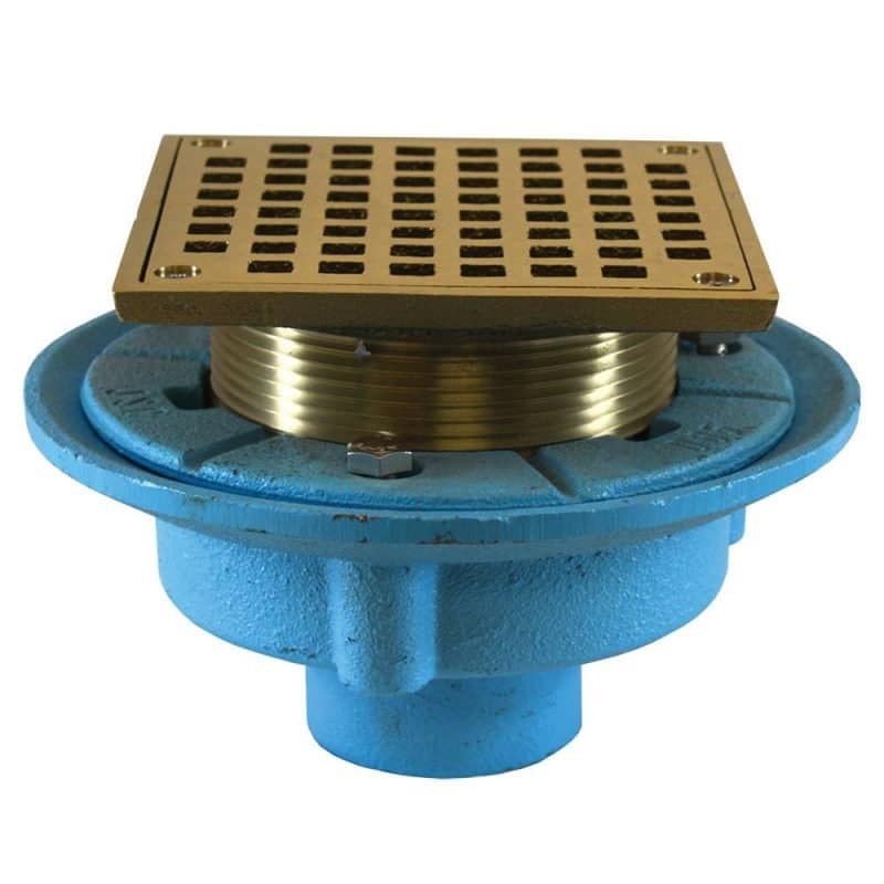 2" No Hub Code Blue Floor Drain with 7" Pan and 5" Nickel Bronze Square Strainer - Height 3-1/4" - 5-1/4"