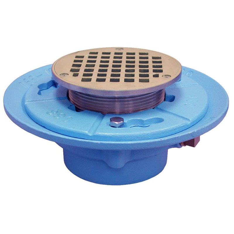 3" No Hub Code Blue Floor Drain with 7" Pan and 5" Nickel Bronze Round Strainer - Height 2-7/8" - 4-1/2"