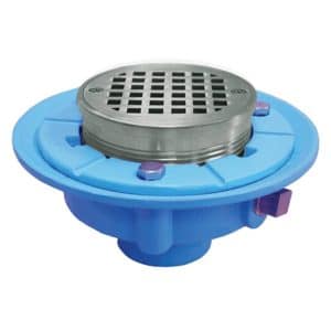4" No Hub Code Blue Floor Drain with 7" Pan and 5" Chrome Plated Round Strainer - Height 3-1/2" - 4-3/4"