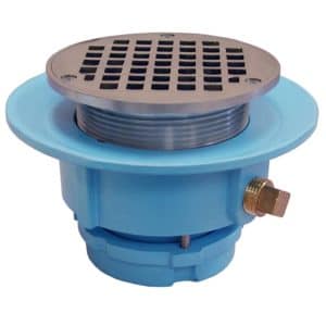 2" No Caulk Mechanical Joint Code Blue Slab Drain with 7" Pan and 4" Nickel Bronze Round Strainer - Height 3-3/4" - 4-3/4"