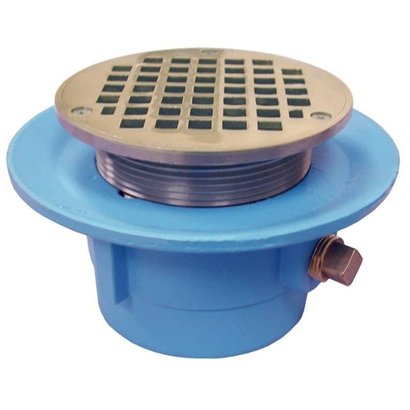 2" No Hub Code Blue Slab Drain with 7" Pan and 4" Nickel Bronze Round Strainer - Height 3-5/8" - 4-3/4"
