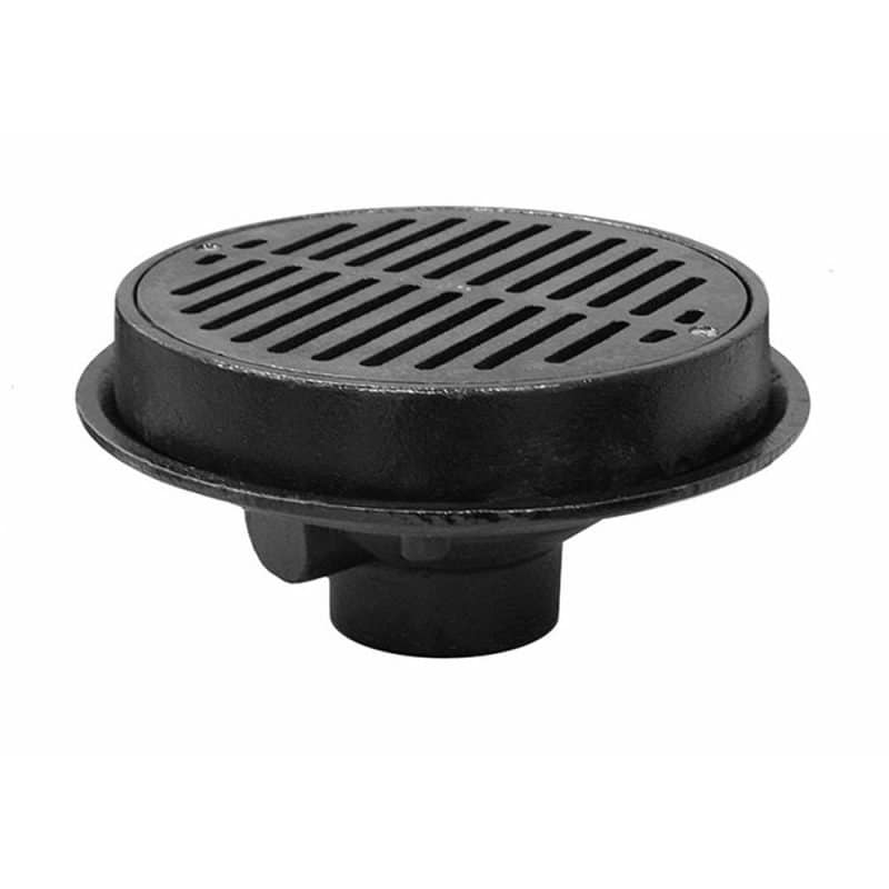 3" No Hub Heavy Duty Cast Iron Floor Drain with 10-1/2" Pan and 9" Cast Iron Grate Less Sediment Bucket - 5-1/4" Height