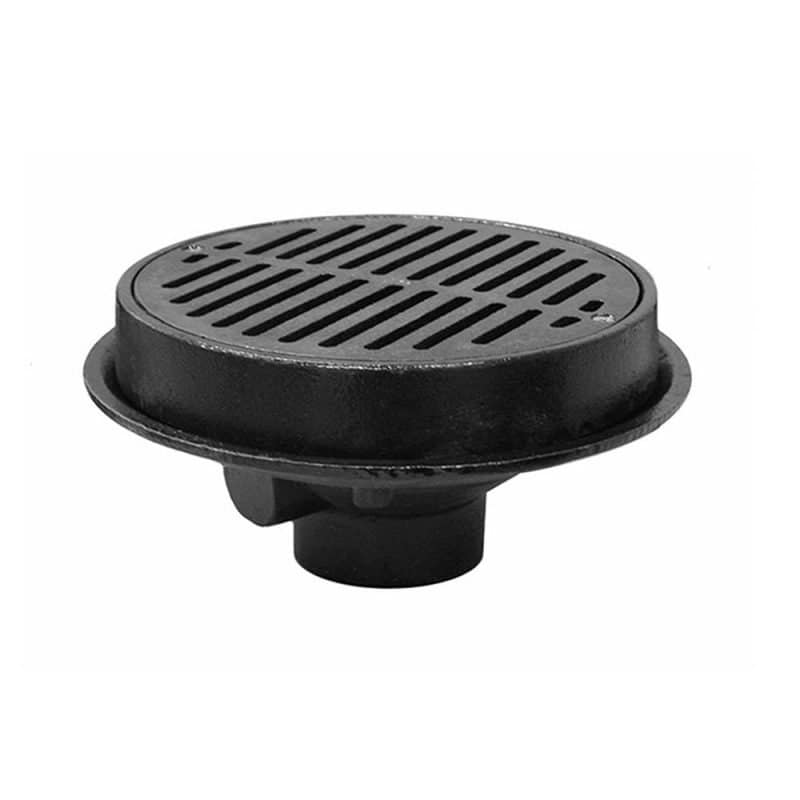 3" No Hub Heavy Duty Cast Iron Floor Drain with 10-1/2" Pan and 9" Cast Iron Grate with Sediment Bucket - 5-1/4" Height