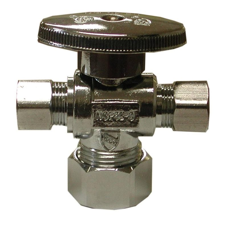 5/8" OD x 3/8" OD x 3/8" OD Chrome Plated Quarter Turn Supply Stop, Dual